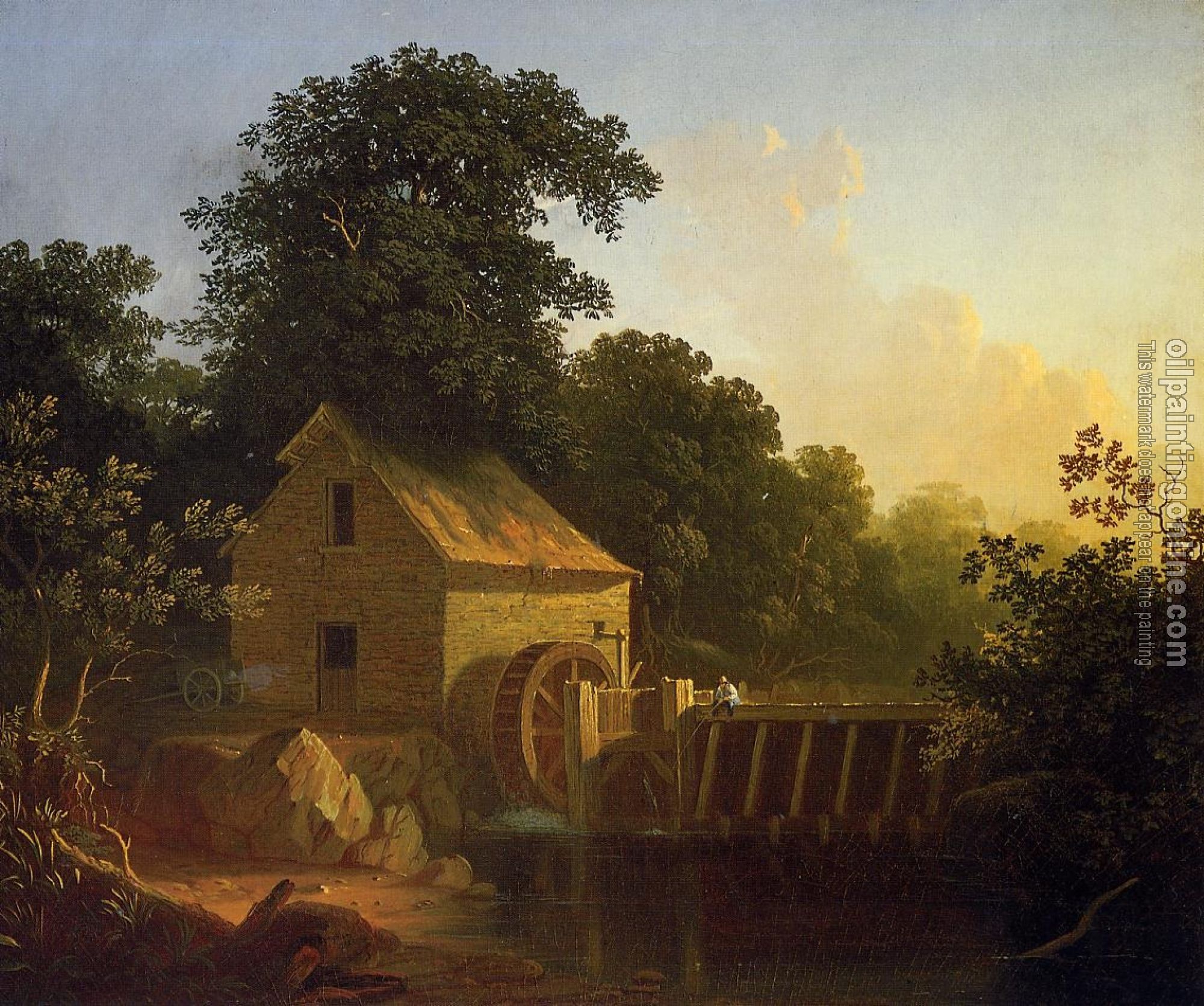 George Caleb Bingham - Landscape with Waterwheel and Boy Fishing